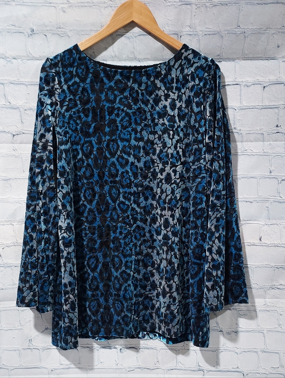 Susan Graver Large Velvet Burnout Cut-Sleeves Blue Art-to-Wear Tunic Shirt Top